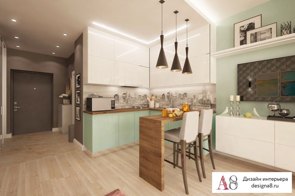 На фото: кухня бирюзового цвета в интерьере квартиры-студии