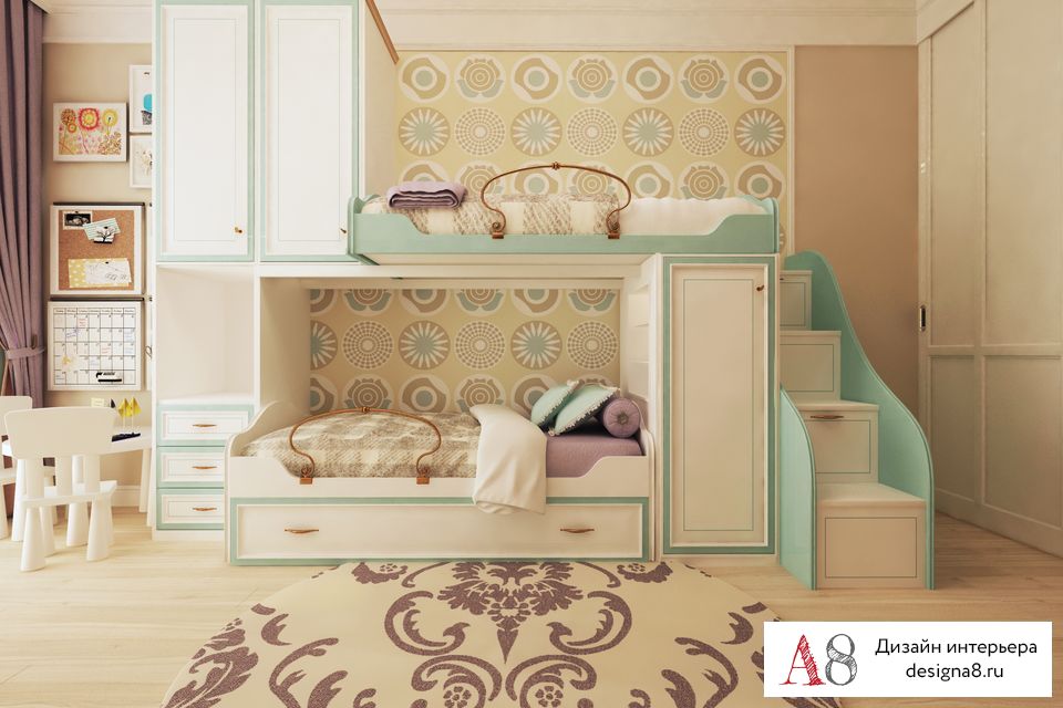 На фото: интерьер детской с двухъярусной кроватью